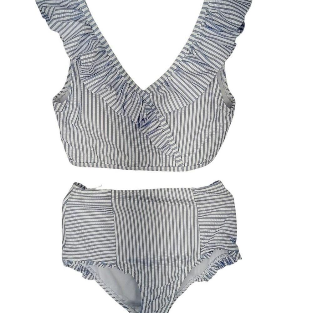 Ruffle Butts Tween Girl Striped Blue & White Ruffle Bikini Set For Girls Size 10
